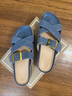 Cole Haan Blue Suede Crisscross Slide Sandals with Gold Buckles 10